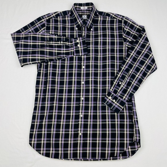 Peter Millar Mens Medium Plaid Button Down Shirt Navy Purple Cotton Long Sleeve - Picture 2 of 8